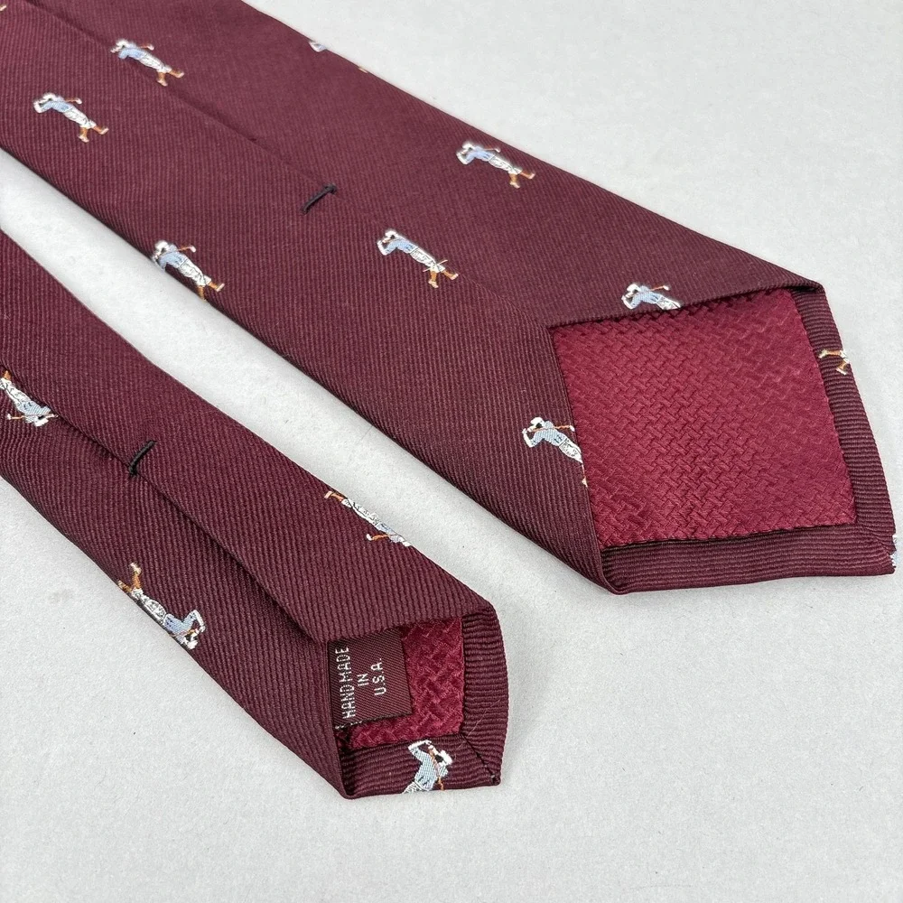 Allen Edmonds Tie Mens Burgundy Silk Golf Golfer‎ Print Necktie Handmade USA
